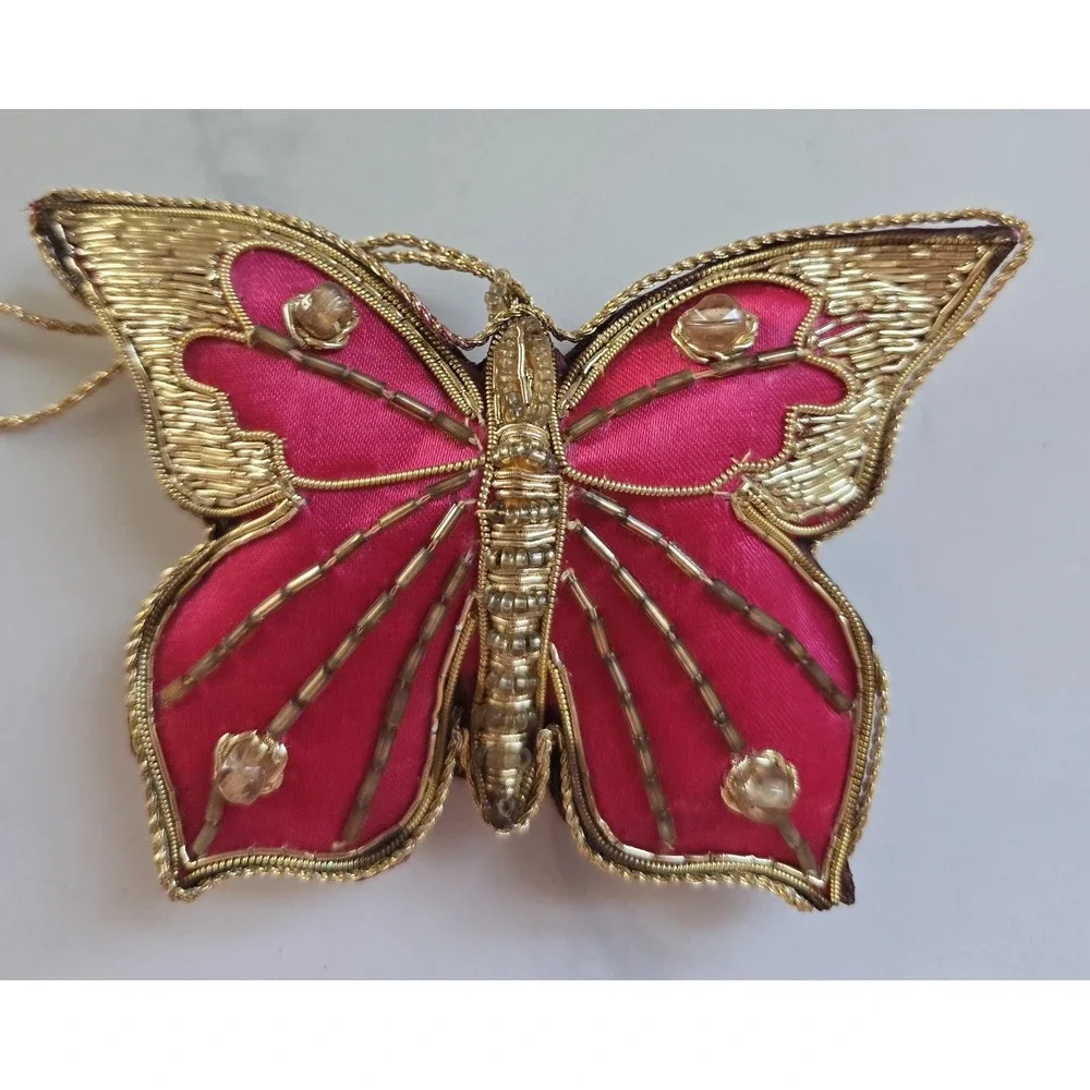 Vtg Butterfly Christmas Ornaments Decorative Pink‎ Gold Thread Beaded Set Of 2